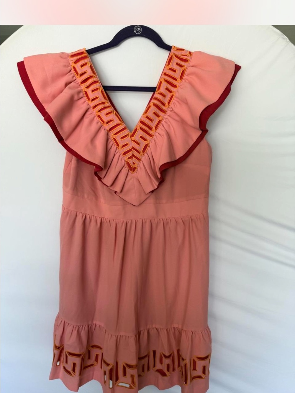 NWT ~ Emily McCarthy Peach Ruffle Mini Dress with Decorative Trim ~ Size L
